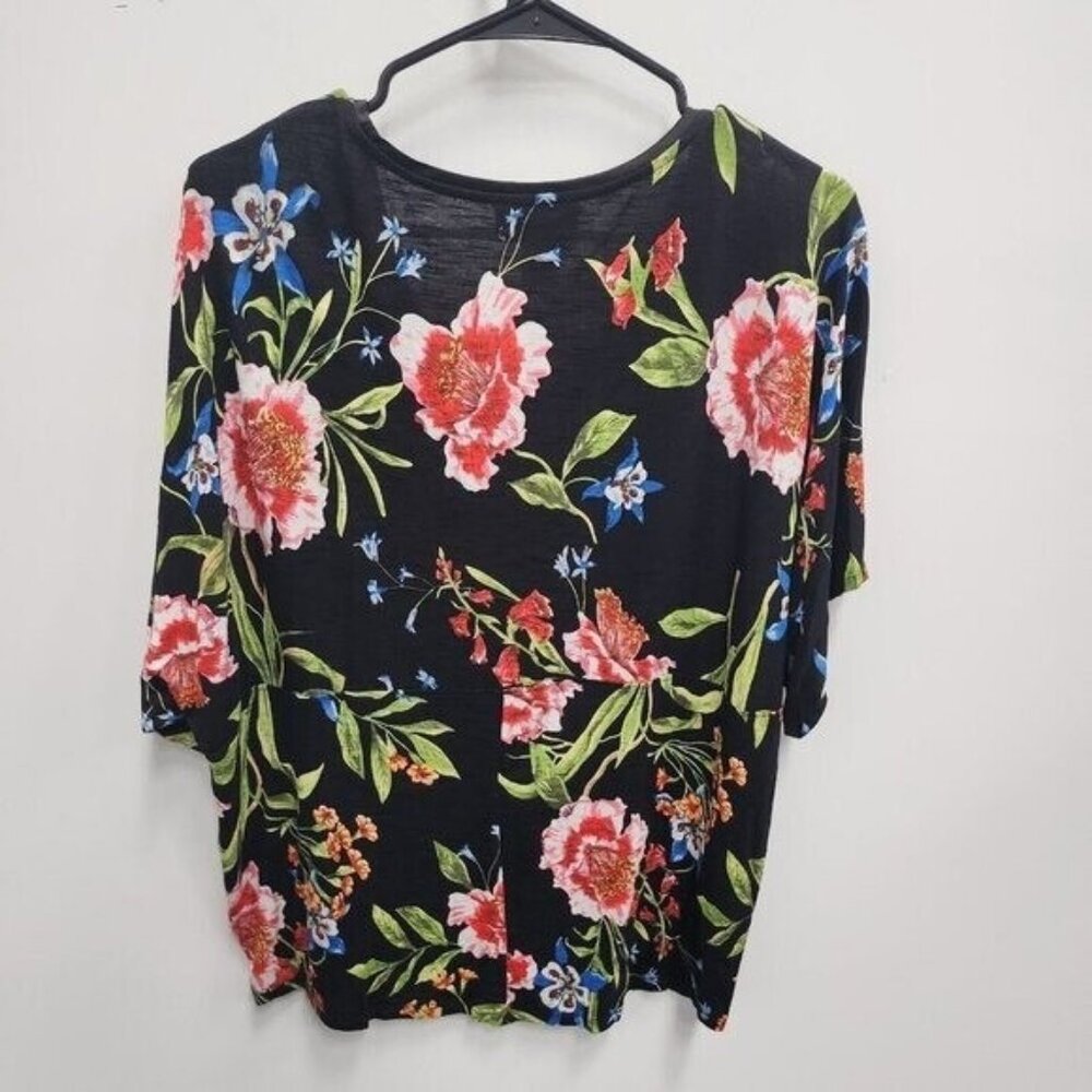 Carmen Marc Valvo Womens Top Large Black Red Floral Dolman V-Neck Casual - Picture 2 of 8